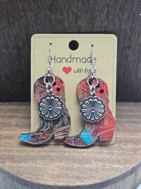NWT Wood Cowgirl Boots Earrings Pierced Silver Tone Faux Turquoise Concho Farm